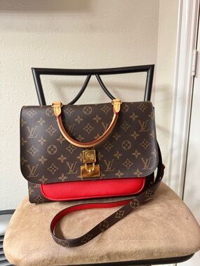 Louis Vuitton Brown Monogram Satchel with Red Accent and Gold Hardware